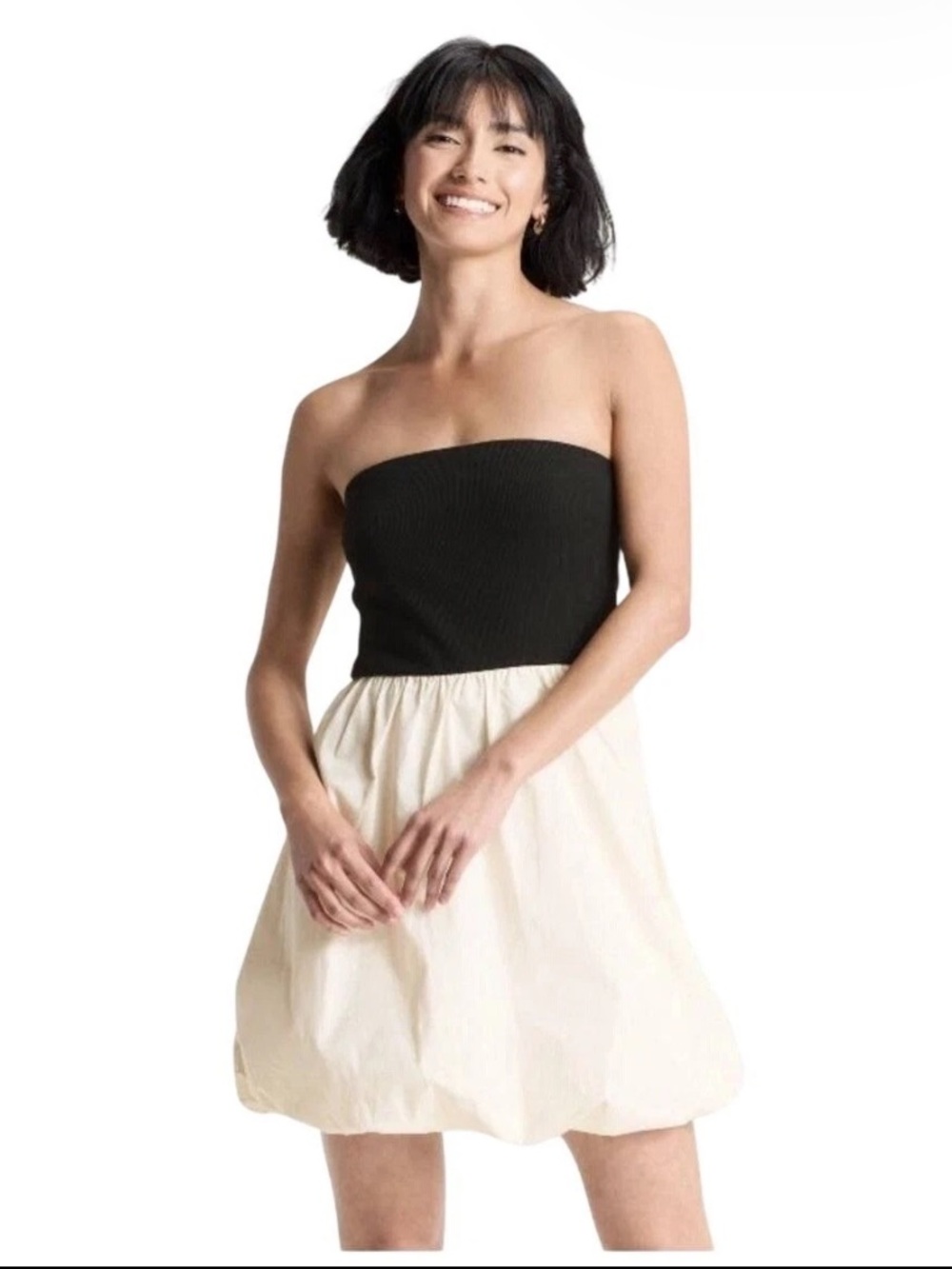 a new day Black Ribbed Strapless dress with bubble, hem, black and cream nwt - Picture 3 of 15